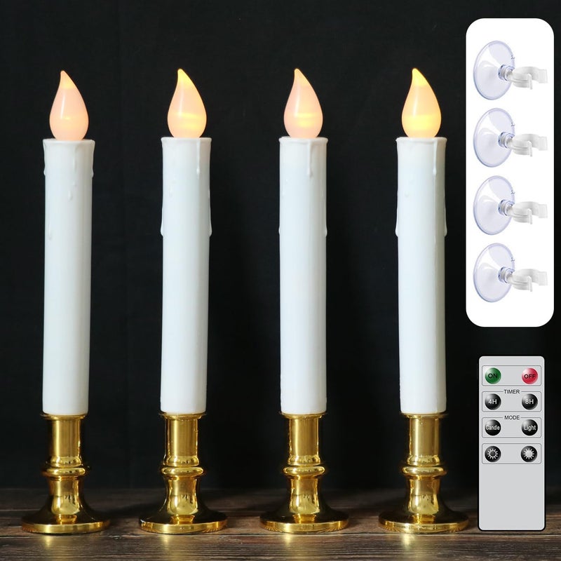 DRomance 9" Flameless Window Taper Candles Battery Operated with 8-Key Remote and Timer, 4 Pack White Christmas Holdiay Window Candles with Gold Holders, Suction Cups and AA Batteries Included - Image 1